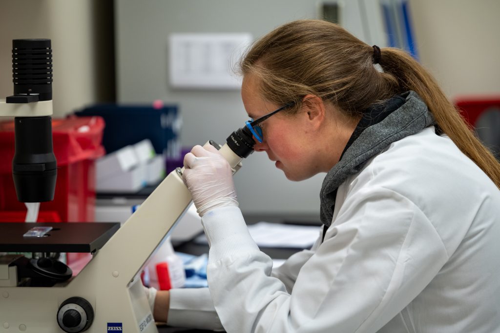 Scientist using microscope